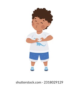 Cute little boy giving kiss and making love gesture. Dark haired curly boy dressed white t-shirt and blue shorts joining hands in heart shape cartoon vector illustration