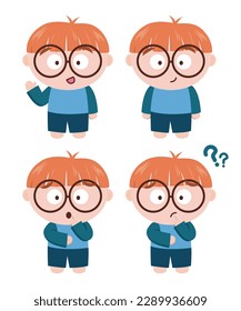 Cute Little Boy with glasses Character Mascot Design with smile, confused and greeting expression. Editable Kids Vector Illustration set. Smart Children Smiling Avatar Cartoon. Flat design elements.