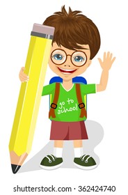 cute little boy with glasses holding big yellow pencil