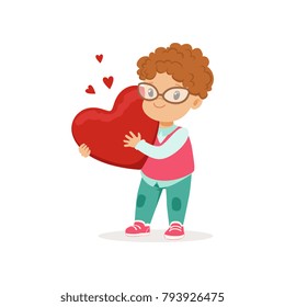 Cute little boy in glasses holding red heart, Happy Valentines Day concept, love and relationships vector Illustration