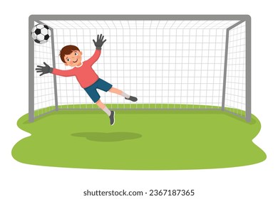 Cute little boy goalkeeper catching a soccer ball to prevent a goal