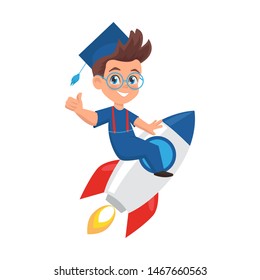 Cute little boy in graduation cap. Schoolboy riding a rocket. Illustration Mascot for school, education and development center