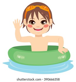 Cute little boy with green inflatable ring waving hand happy