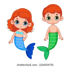 Cute little boy with green mermaid tail and redhead girl. Brother and sister, a couple of children. Magic creatures. Vector illustration of magic character in cartoon childish style. Funny clipart