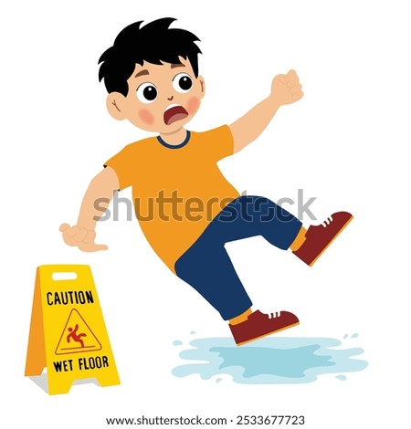 Cute little boy had accident slipping on wet floor and falling down near yellow caution sign. shock cute kid boy trip over wet floor