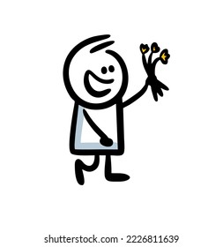 Cute little boy Han drawn in doodle style holding a bouquet of flowers in hand. Vector illustration of funny boy going for dating.