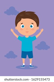 cute little boy with hands up and clouds vector illustration design