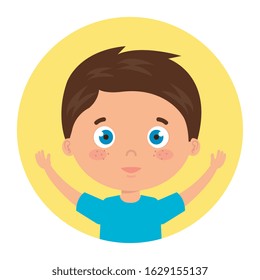cute little boy with hands up in frame circular vector illustration design