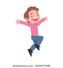 Cute Little Boy glücklich springen, glücklich lächelnder Vorschulkid hat Spaß gezahnte Casual Clothes Cartoon Style Vektorgrafik