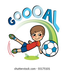 Cute little boy happy playing soccer and shooting ball