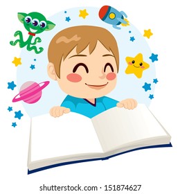 Cute little boy happy reading a science fiction space exploration adventures book