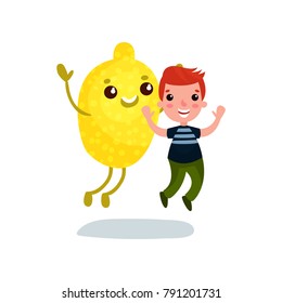 Cute little boy having fun with giant lemon fruit character, best friends, healthy food for kids cartoon vector Illustration