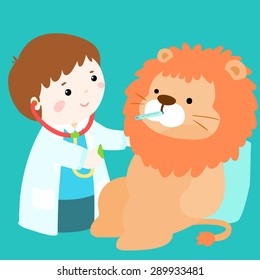 cute little boy heals lion doll vector illustration