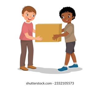 Cute little boy helping friend moving carrying box together