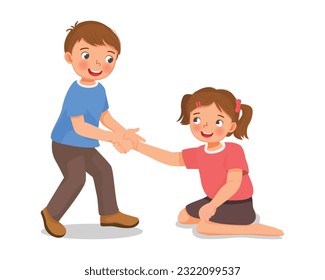 Cute little boy helping his girl friend who has fell on the floor to stand up showing kindness