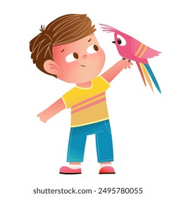 Cute little boy and his friend parrot bird. Colorful kindergarten kids and animal friends character illustration. Child Vector graphic illustration for children, hand drawn modern cartoon.