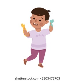 Cute Little Boy with His Hands in Colorful Paints Vector Illustration