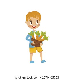 Cute little boy holding basket full of carrots, vector Illustration on a white background