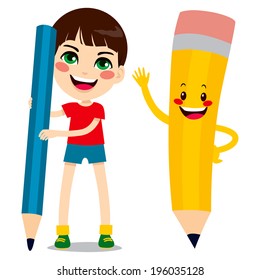 Cute little boy holding big pencil and funny pencil character friend