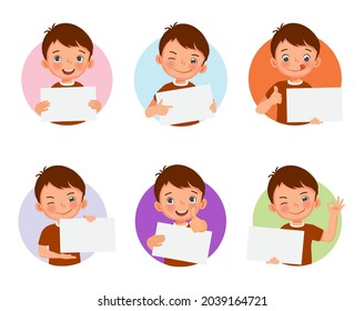 Cute little boy holding blank placard or poster in various facial expressions and hand gestures, include like, thumb up, finger pointing. Board sign with empty space templates for banner, ads design.