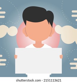 A cute little boy is holding a blank sheet of paper in his hands. Place for your logo, text or design. Cartoon style. Vector illustration.