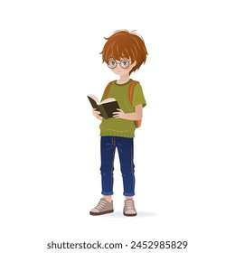Cute little boy is holding book in his hands and reading it. isolated vector illustration on white background. Cartoon kid for educational designs, book club, world book day. Clip-art.