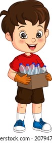 Cute little boy holding box and plastic bottle