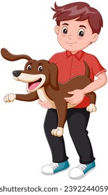 Cute little boy holding dog cartoon. Vector illustration