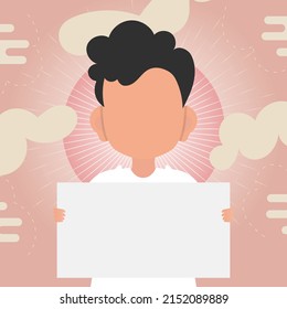 Un niño lindo está sosteniendo una bolsa de transporte vacía. Coloca tu texto. Ilustración vectorial al estilo de las caricaturas.