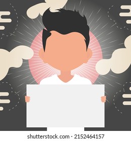 A cute little boy is holding an empty transport bag. Place for your text. Cartoon style. Vector illustration.