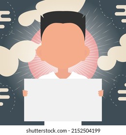 A cute little boy is holding an empty tablet in his hands. Place for your logo, text or design. Cartoon style. Vector illustration.