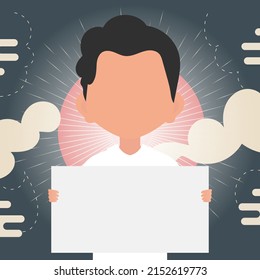 A cute little boy is holding an empty tablet in his hands. Place for your text. Vector illustration in cartoon style.