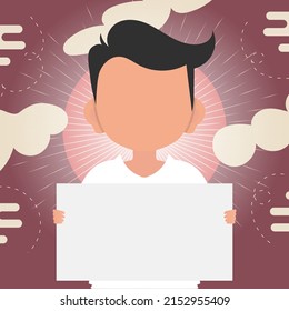 Un niño lindo está sosteniendo una bolsa de transporte vacía. Coloca tu logotipo, texto o diseño. Estilo de caricatura. Ilustración vectorial.