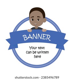 Cute little boy holding empty banner. Design element with place for text. Flat illustration.