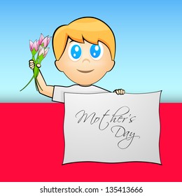 Cute little boy holding flowers and tag Mothers Day.