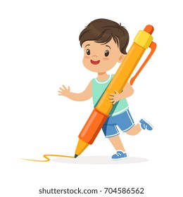 Cute little boy holding giant orange pen cartoon vector Illustration