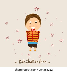 Cute little boy holding gift boxes on stars decorated grey background for Happy Raksha Bandhan celebrations. 