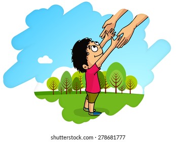 Cute little boy holding his father hand, showing love towards his father on nature background, Happy fathers day celebrations concept. 