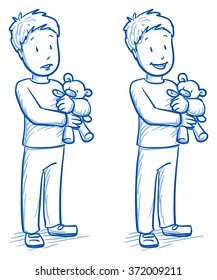 Cute Little Boy Holding His Bear In Two Emotions, Happy And Sad. Hand Drawn Cartoon Doodle Vector Illustration.