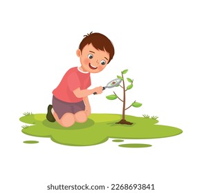 Cute little boy holding magnifying glass looking at ladybug on the plant