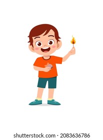 cute little boy holding match stick with fire