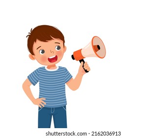 cute little boy holding megaphone speaking and shouting making announcement 