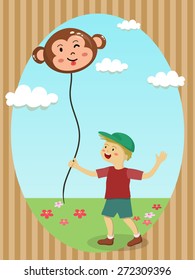 A cute little boy holding monkey balloon in sunny day in garden.