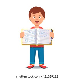 Cute little boy holding an open school workbook with handwriting. Flat style color modern vector illustration.