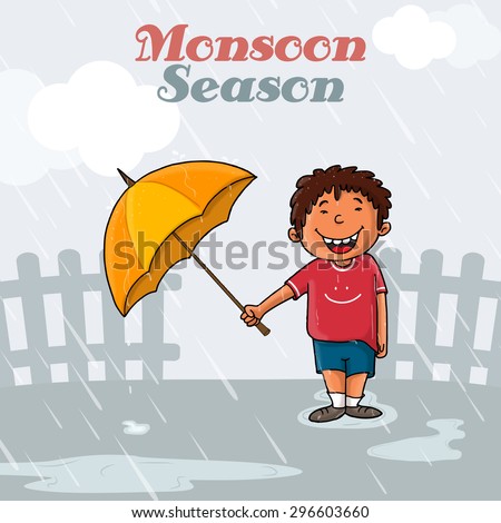 Cute little boy holding an open umbrella and standing in rains on grey background for Monsoon Season concept.