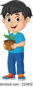 Cute little boy holding plants in pot