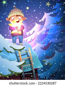 Cute little boy holding a star on the roof of house at winter night. Childhood Christmas dreams, stargazing in forest. Winter stars and forest cartoon for kids. Vector artistic illustration.