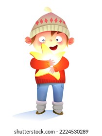 Cute little boy holding a star, childhood dreams about catching a star. Adorable character for kids storytelling cartoon. Vector isolated clipart.