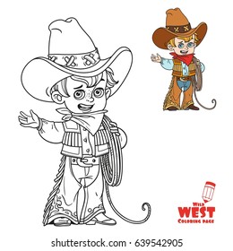 Cute little boy holds the lasso and points to the side coloring page on a white background