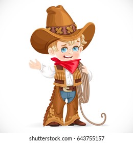 Cute little boy holds the lasso and points to the side isolated on a white background